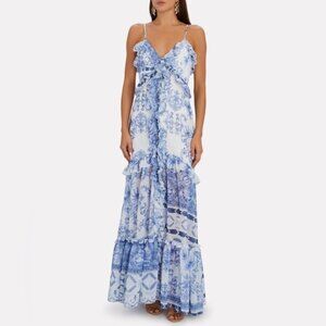 NEW PatBo MaXi Amalfi Dress Blue White Ruffle Tiered Resort Coastal Vacation XS